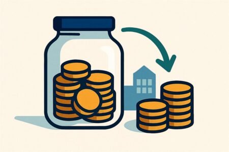 Ilustración de un frasco con monedas y una segunda pila de monedas con una flecha que se suma a la primera
