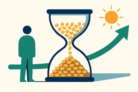 Ilustración de un reloj de arena cuyo contenido son monedas que se acumulan, sobre una línea de tiempo ascendente