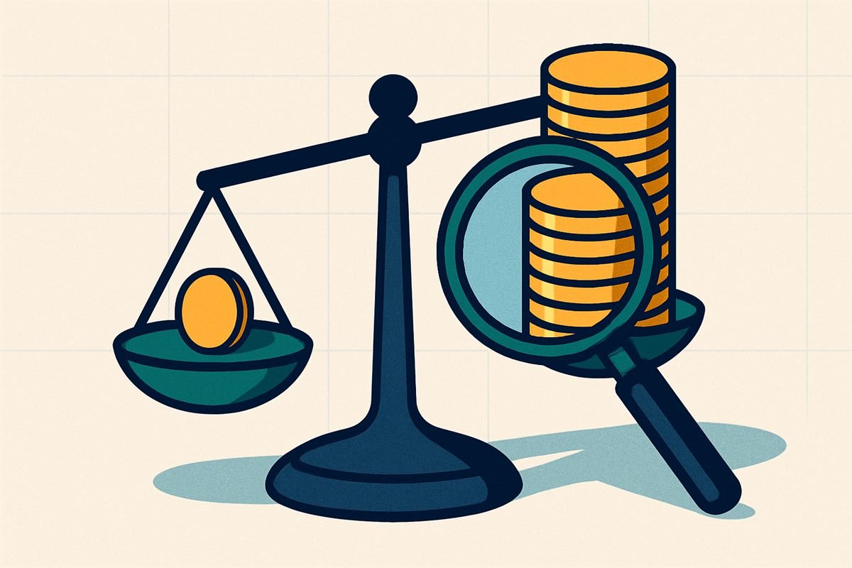 Ilustración de una balanza con una moneda pequeña de un lado y una pila alta de monedas del otro