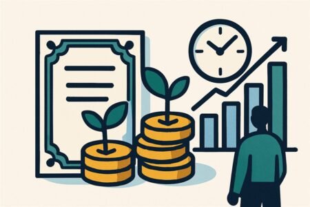 Ilustración de un certificado de deuda gubernamental con monedas brotando y una gráfica ascendente