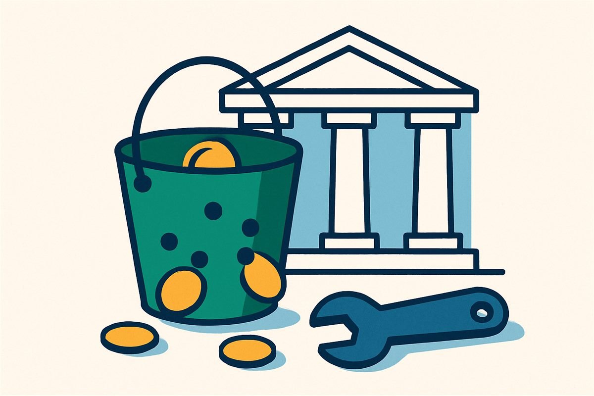 Ilustración de una cubeta con agujeros por los que se escapan monedas frente a un edificio bancario