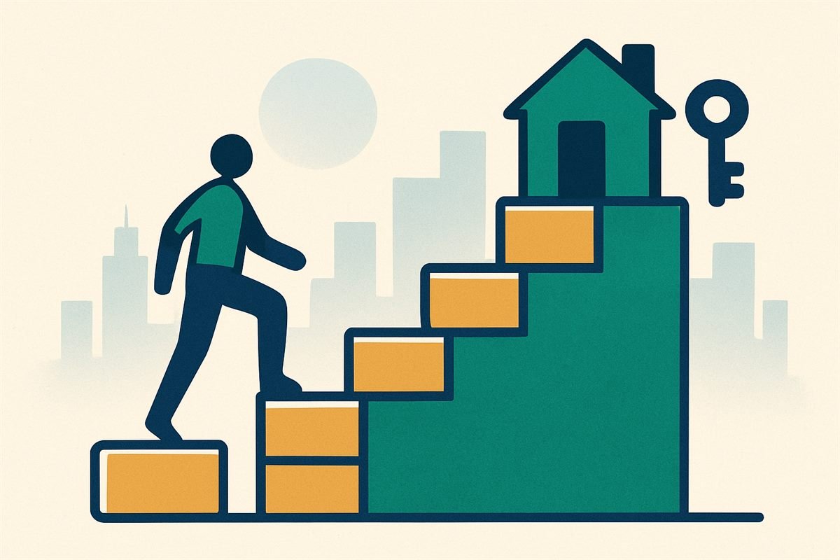 Ilustración de una escalera de bloques que asciende desde una tarjeta hasta una casa con llave
