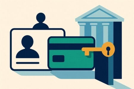 Ilustración de una identificación y una tarjeta bancaria junto a una llave abriendo una puerta