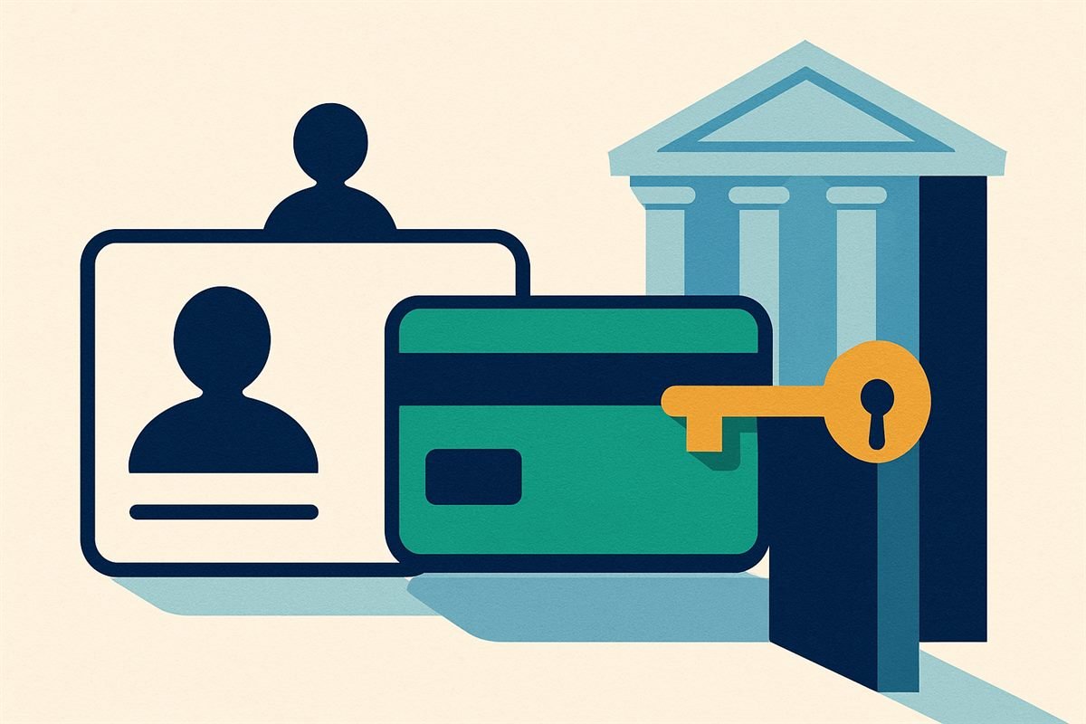 Ilustración de una identificación y una tarjeta bancaria junto a una llave abriendo una puerta