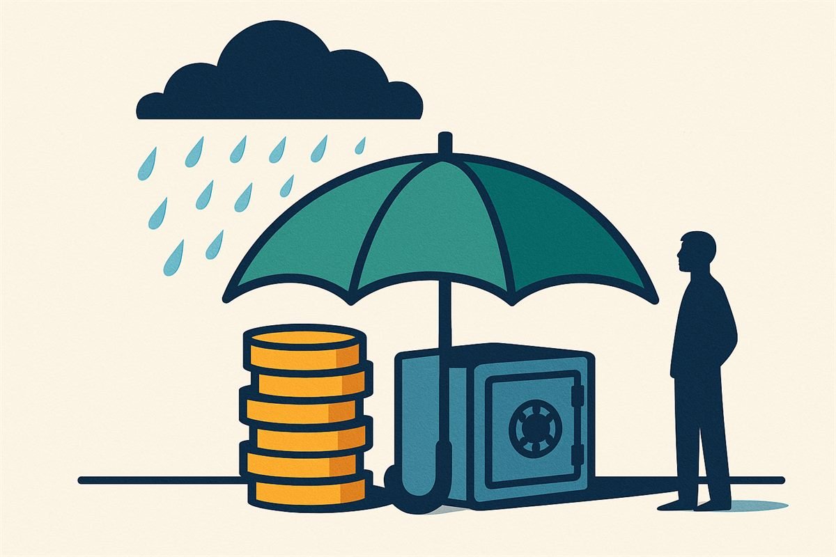 Ilustración de un paraguas protegiendo una pila de monedas y una caja fuerte de la lluvia