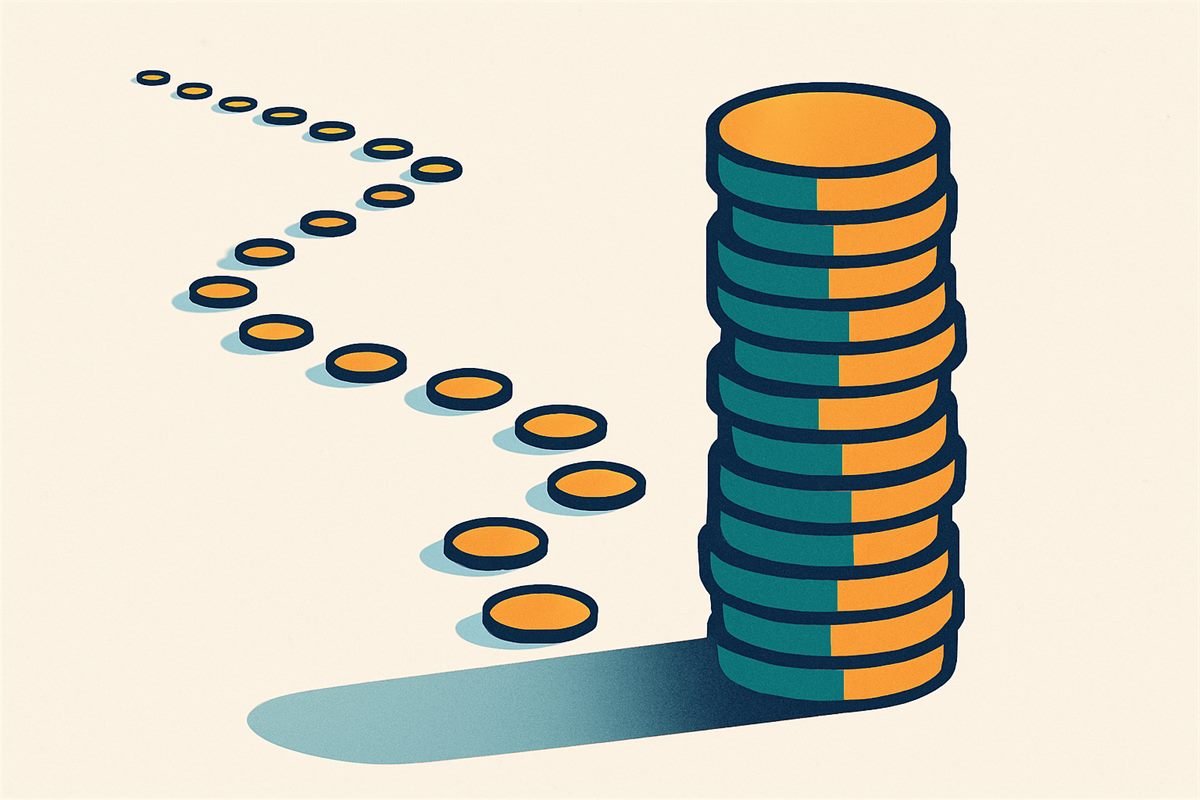 Ilustración de un reguero de monedas pequeñas alejándose de una pila grande que se reduce