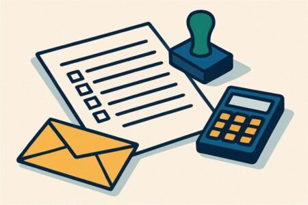 Ilustración de un formulario oficial con un sello, una calculadora y un sobre sobre un escritorio