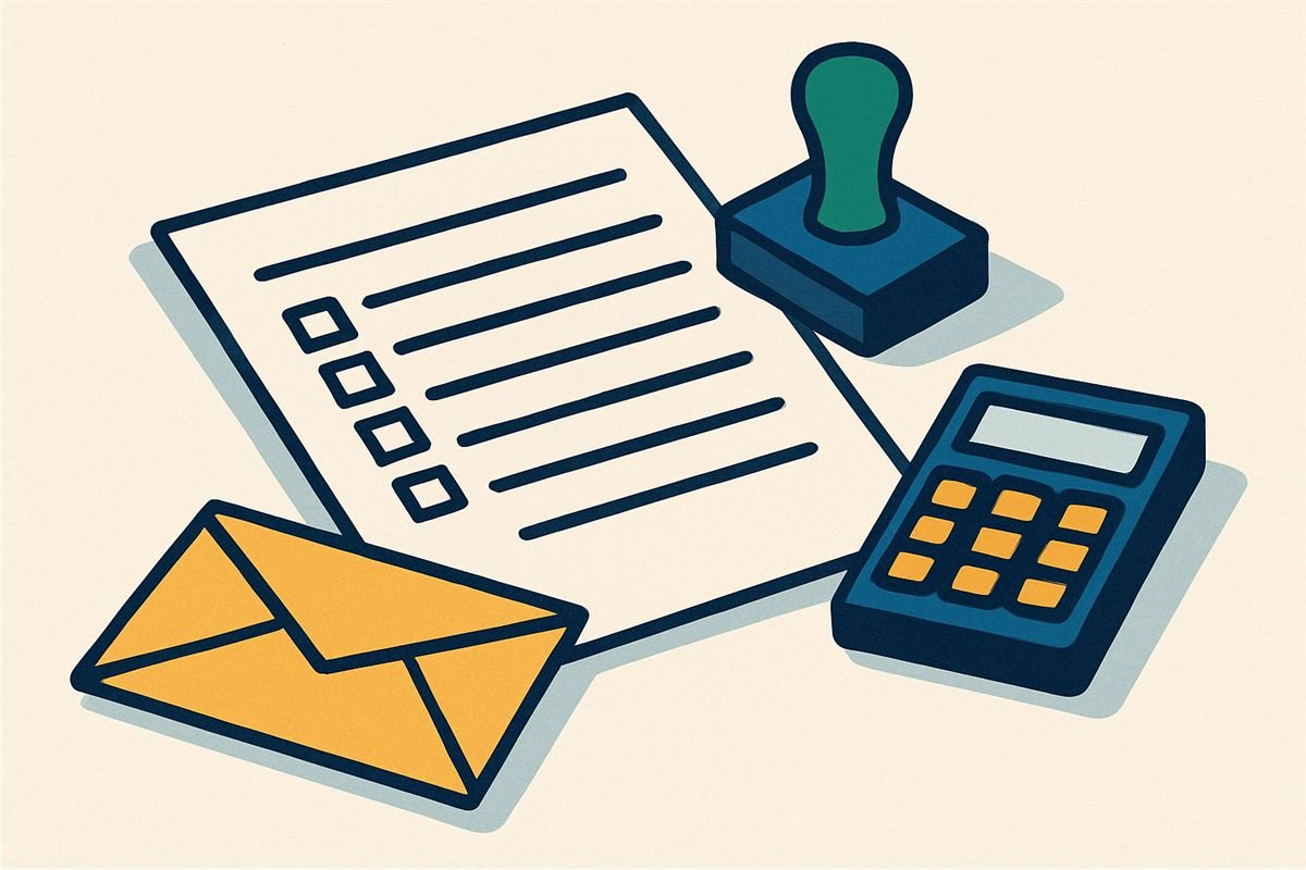 Ilustración de un formulario oficial con un sello, una calculadora y un sobre sobre un escritorio