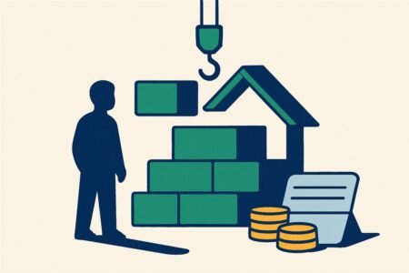 Ilustración de una casa en construcción hecha de bloques con una libreta de ahorro y monedas en la base