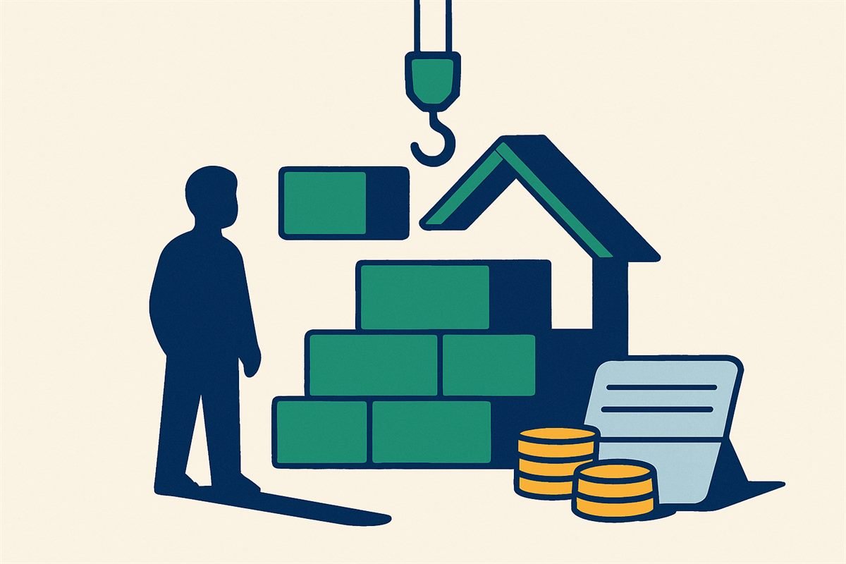 Ilustración de una casa en construcción hecha de bloques con una libreta de ahorro y monedas en la base