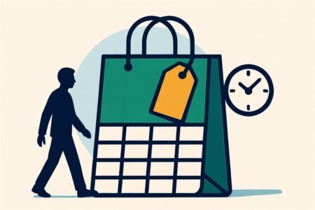 Ilustración de una bolsa de compras dividida en doce franjas iguales junto a una etiqueta de precio
