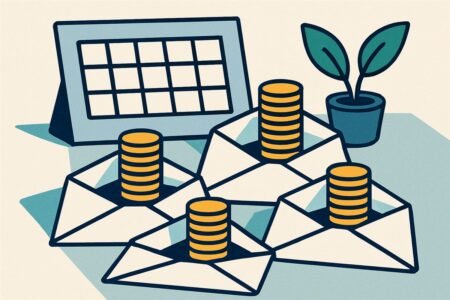 Ilustración de sobres con monedas ordenados junto a un calendario, método de presupuesto mensual