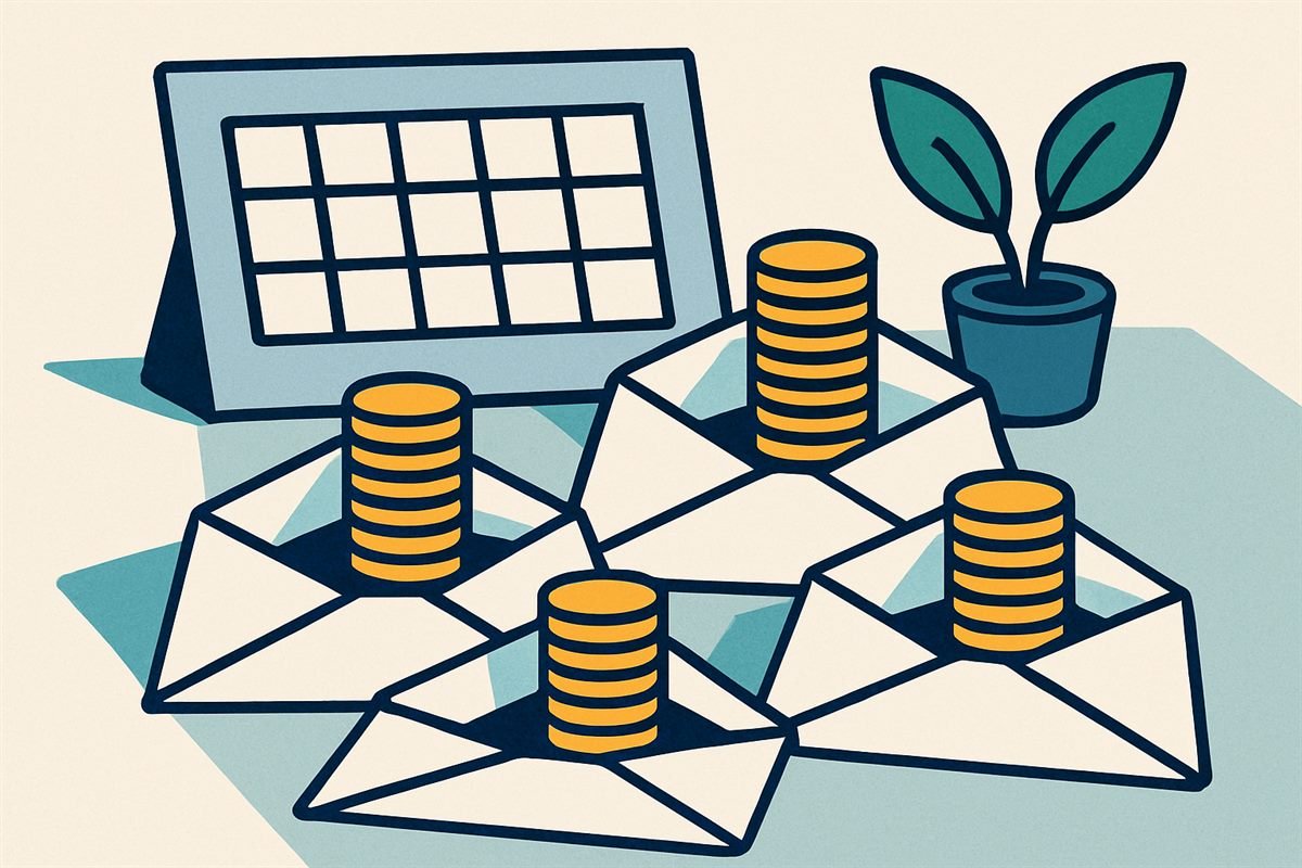 Ilustración de sobres con monedas ordenados junto a un calendario, método de presupuesto mensual