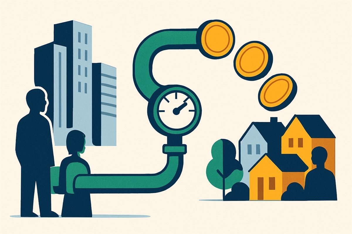 Ilustración de monedas viajando por una tubería entre una ciudad de rascacielos y un pueblo de casas coloridas