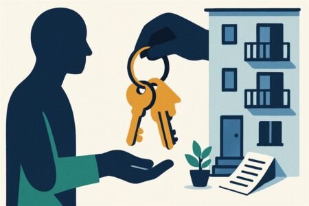 Ilustración de unas llaves pasándose de una persona a otra frente a un edificio de departamentos