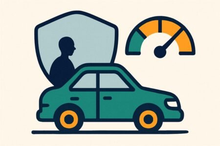 Ilustración de un auto protegido bajo un escudo junto a un medidor con la aguja en zona baja
