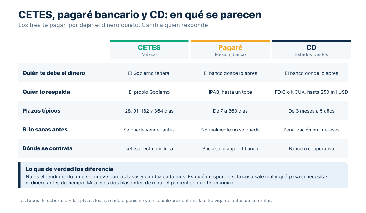 Tabla que compara CETES, pagaré bancario y certificado de depósito según quién debe el dinero, quién lo respalda, plazos, liquidez y dónde se contrata
