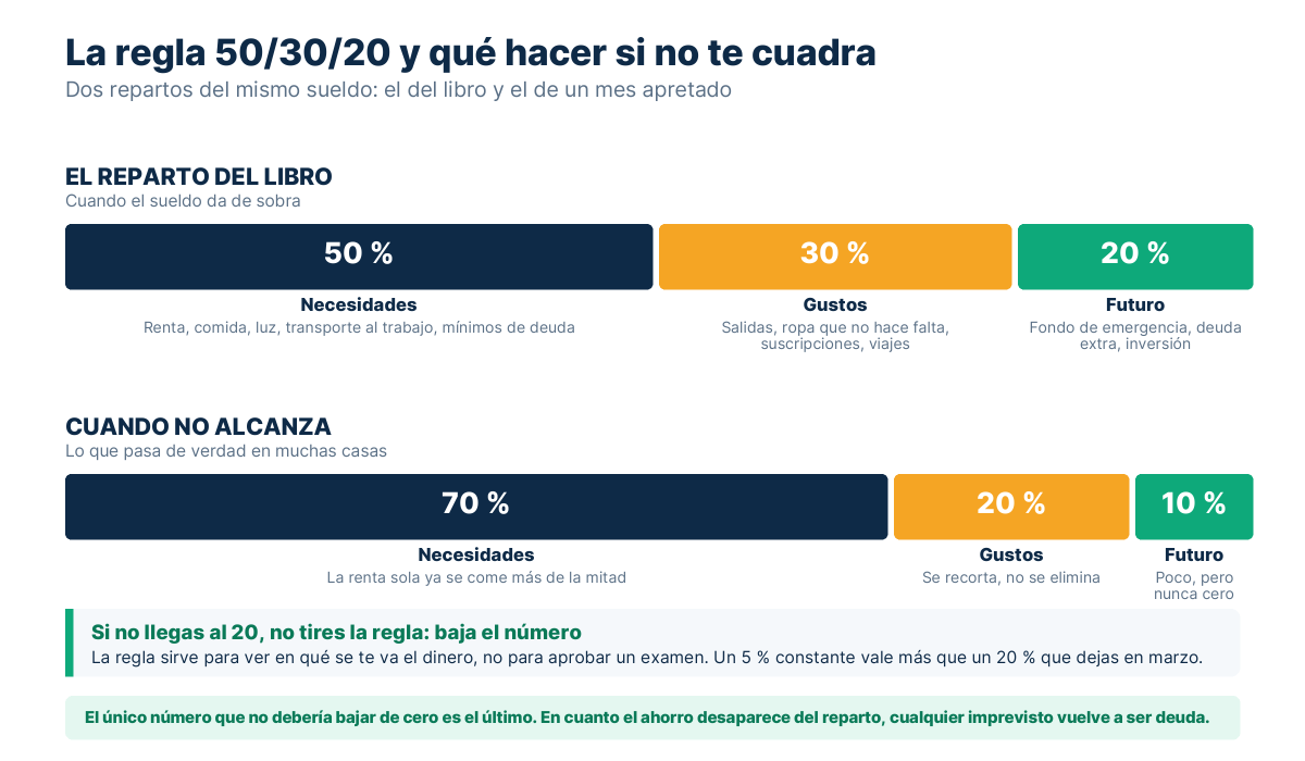 Dos barras comparando el reparto clásico del sueldo con un reparto de 70, 20 y 10 por ciento cuando el dinero no alcanza