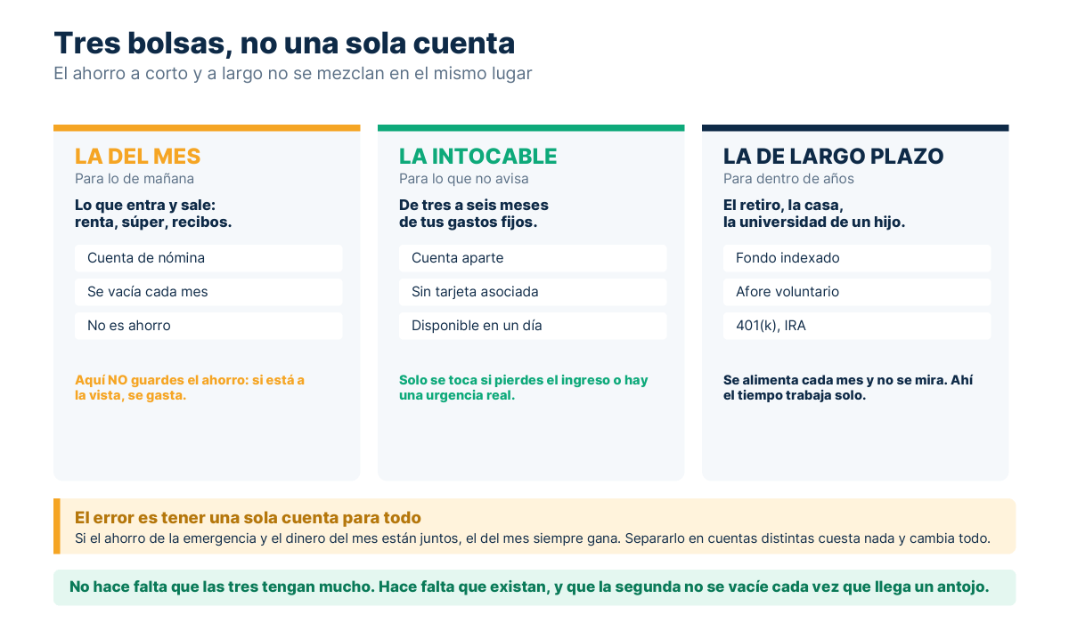 Tres columnas que separan el dinero del mes, el fondo de emergencia y el ahorro de largo plazo, con dónde guardar cada uno