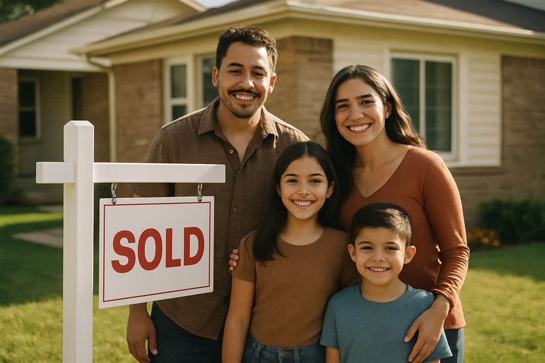 Familia latina frente a su casa propia en Estados Unidos