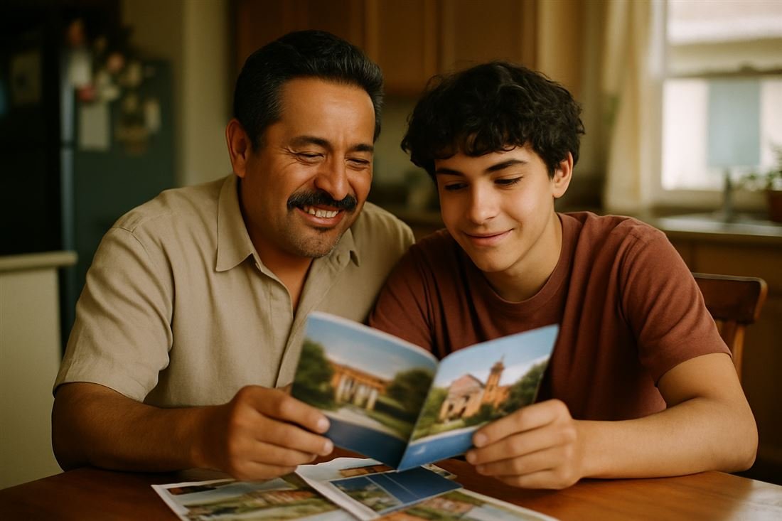 Padre e hijo revisando opciones de universidad