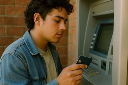 Persona usando una tarjeta de credito asegurada
